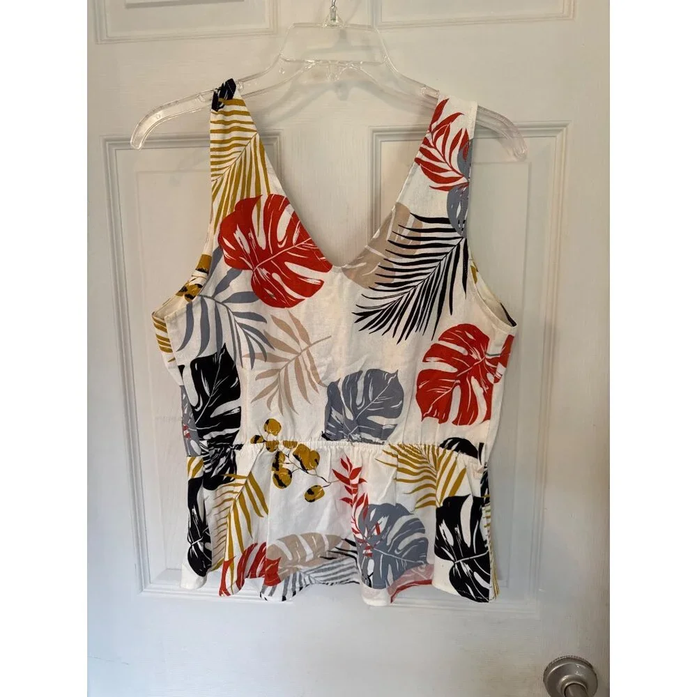 Monteau Floral Tropical Linen Blend Sleeveless Blouse Size Large - Picture 6 of 6